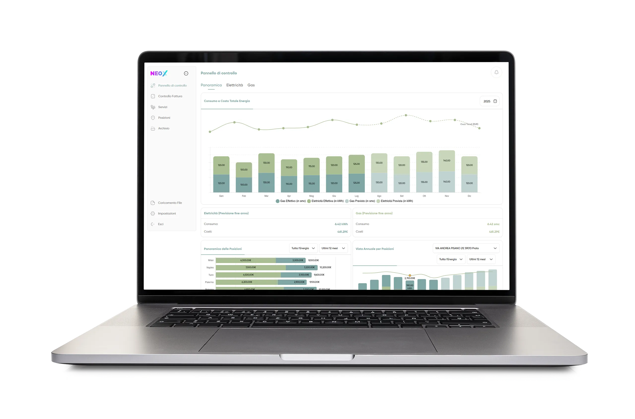 Dashboard di monitoraggio energetico NEOX su laptop